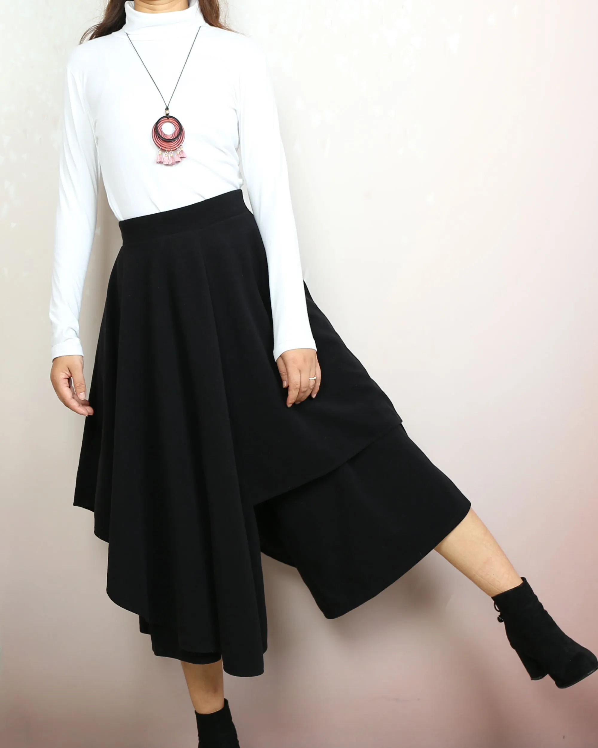 Wide leg pants, Wool skirt pants, Cropped pants, Asymmetrical skirt pants, winter pants, custom made, black pants (K2135)