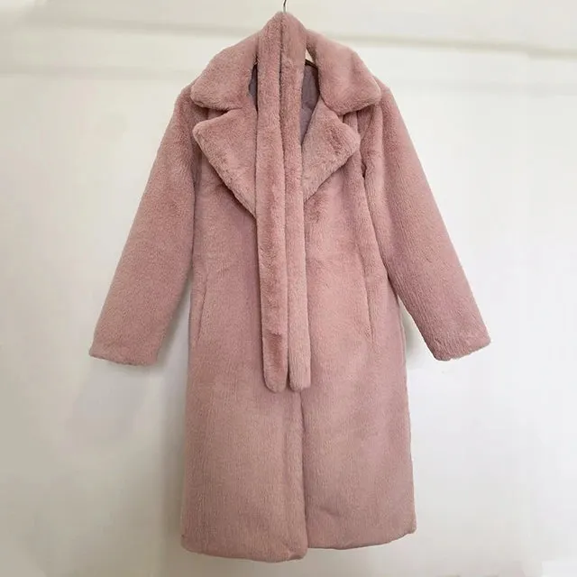 Winter Long Overcoat Women Oversized Lapel Belted Faux Rabbit Fur Coat