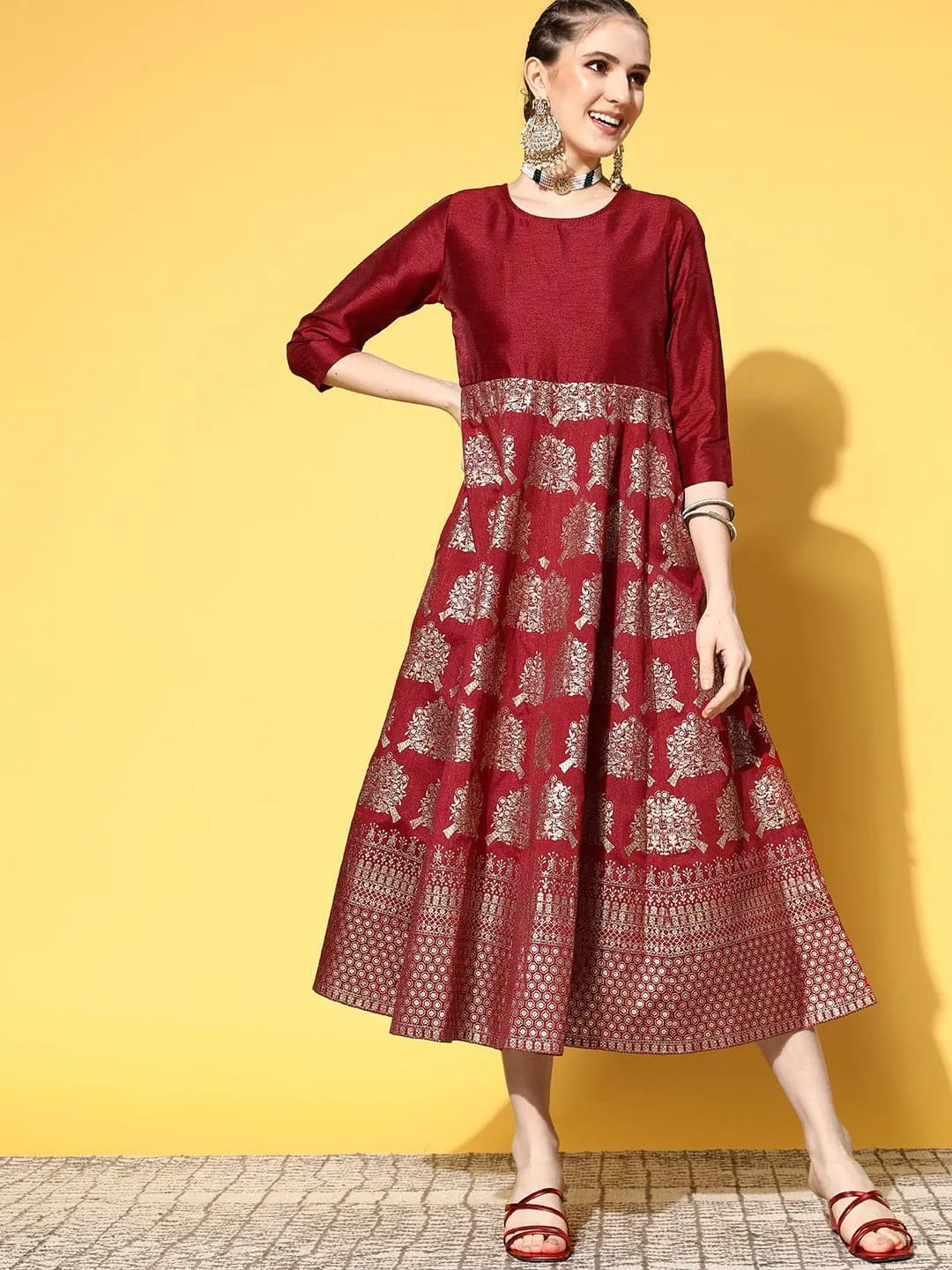 Women Maroon Foil Print Anarkali Dress