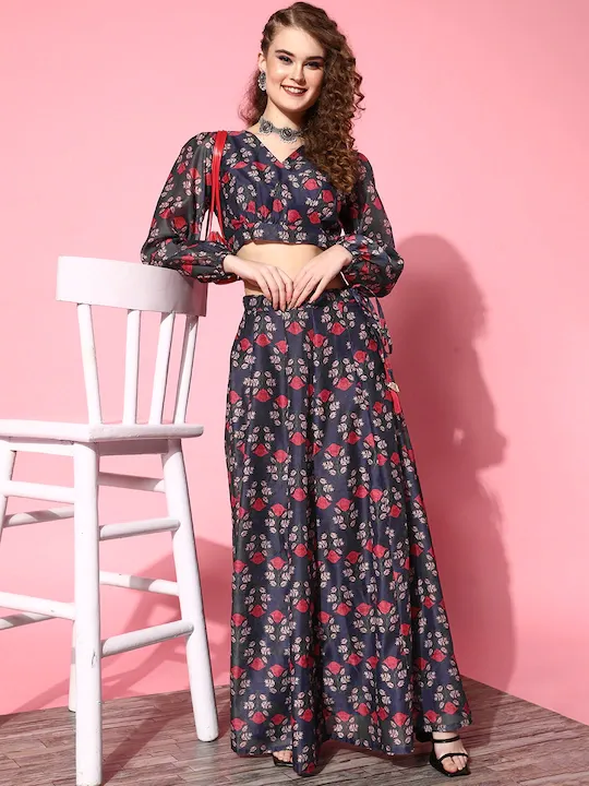 Women Navy & Pink Chanderi Floral Aanrkali Skirt