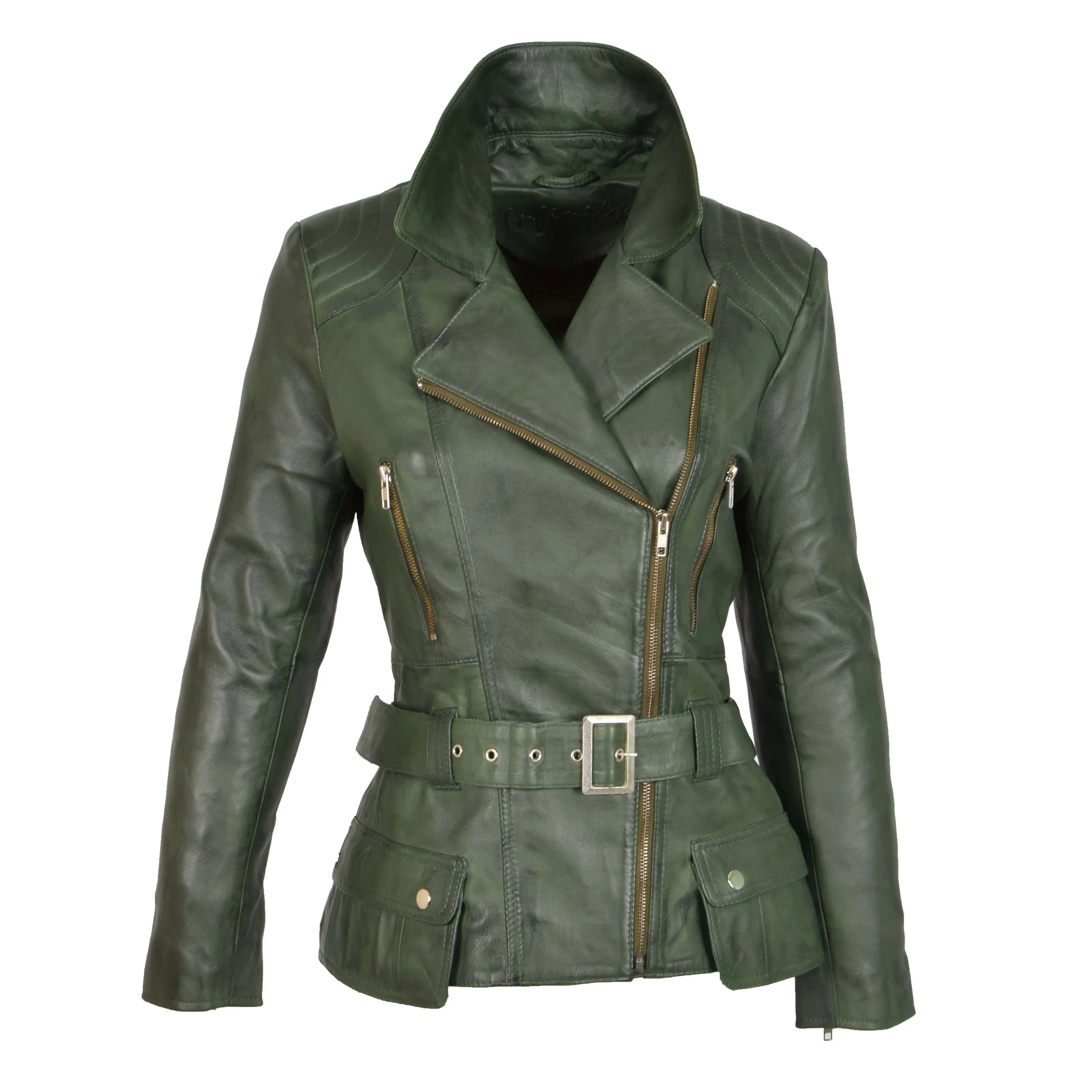 Womens Biker Leather Jacket Slim Fit Cut Hip Length Coat Coco Green