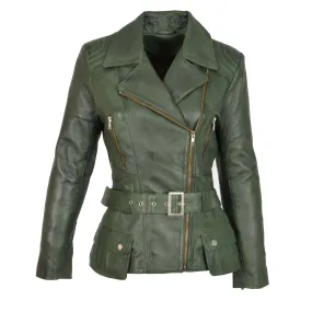 Womens Biker Leather Jacket Slim Fit Cut Hip Length Coat Coco Green