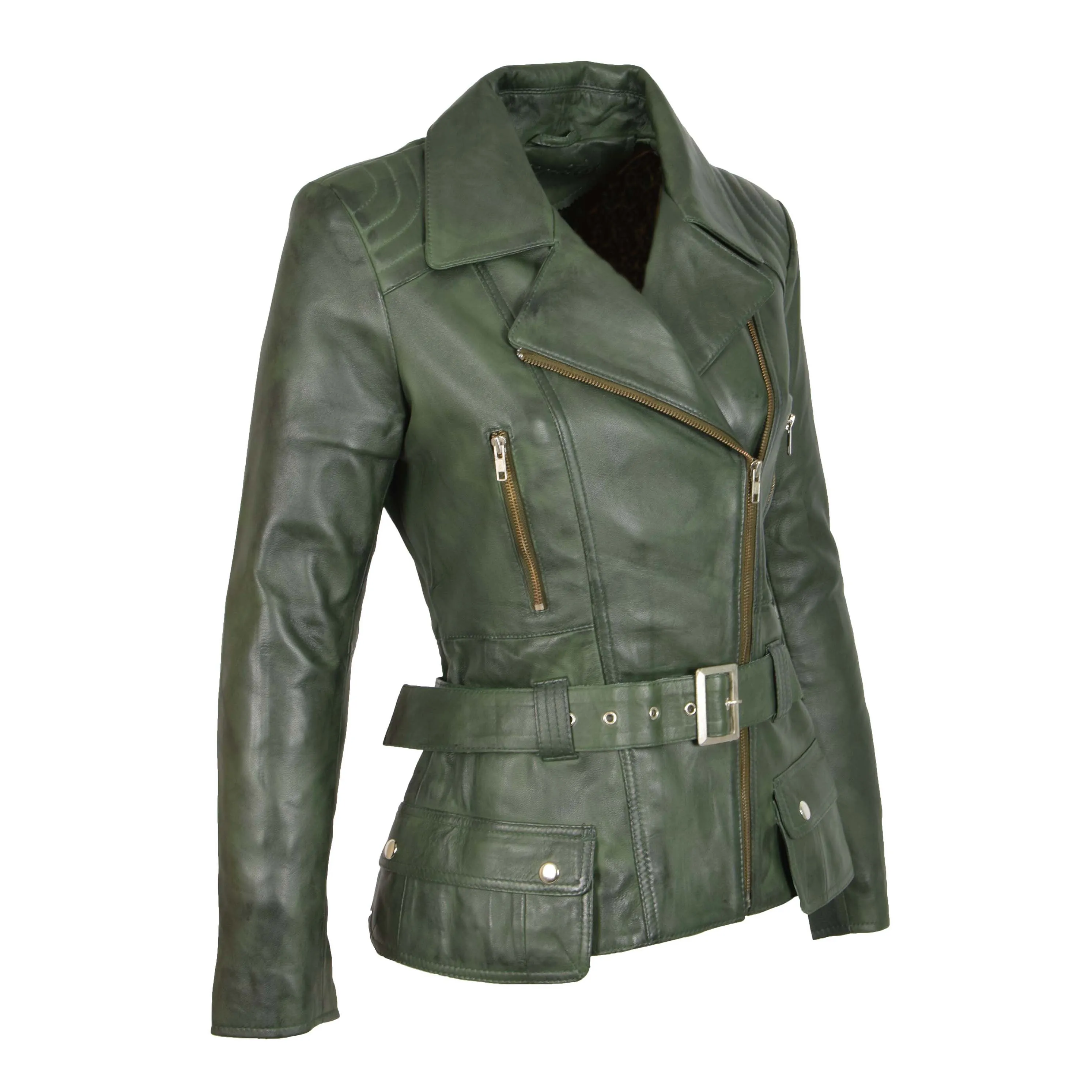 Womens Biker Leather Jacket Slim Fit Cut Hip Length Coat Coco Green