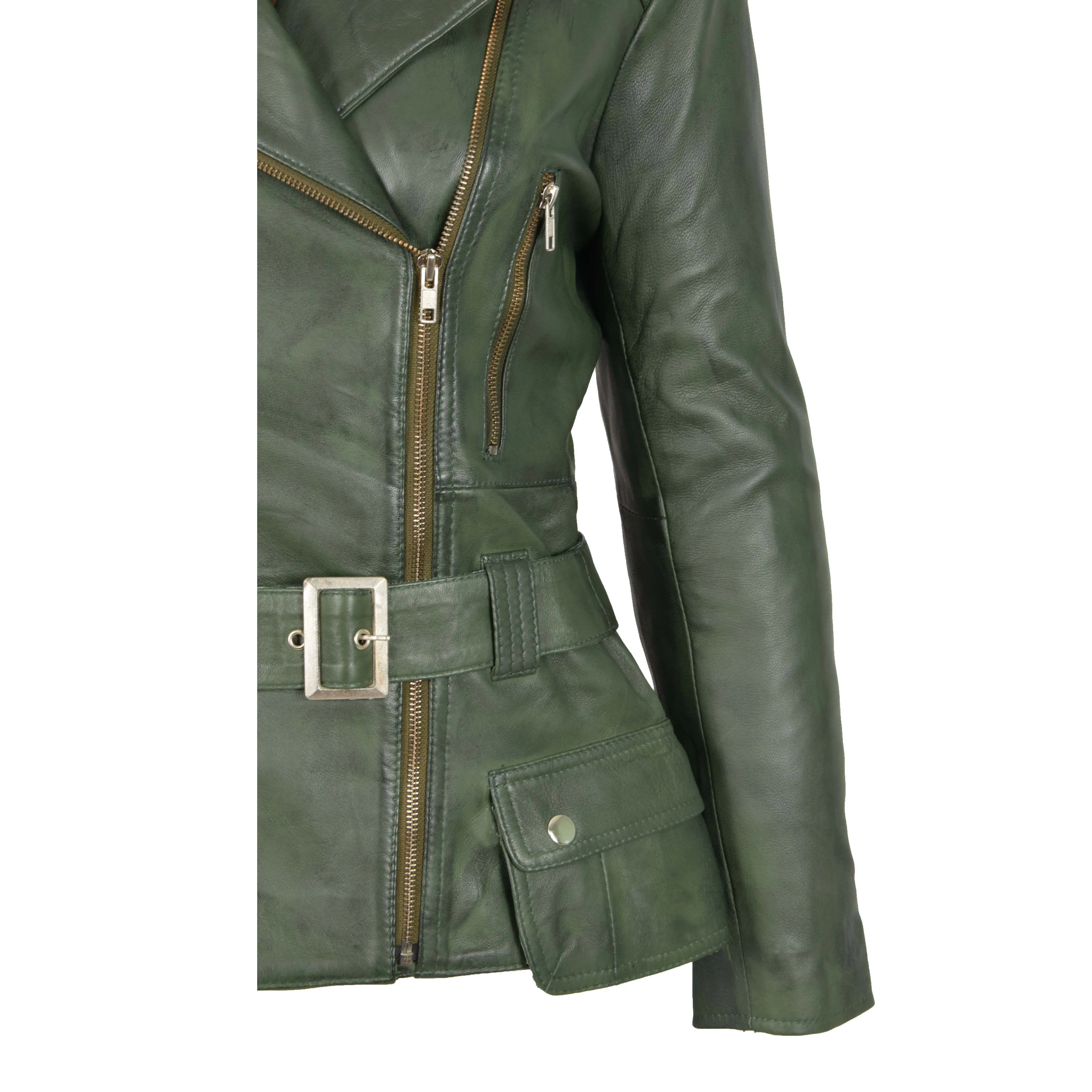 Womens Biker Leather Jacket Slim Fit Cut Hip Length Coat Coco Green