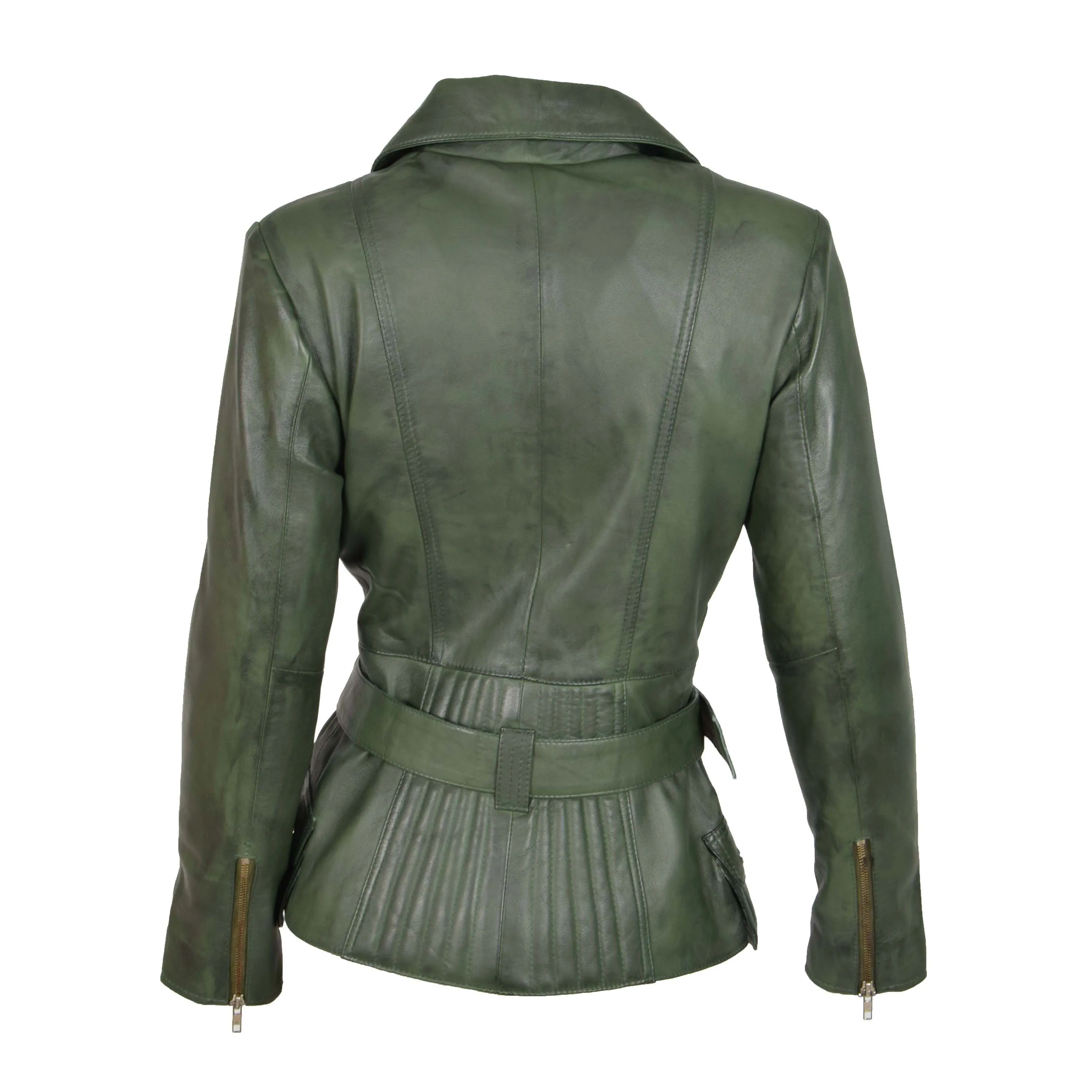 Womens Biker Leather Jacket Slim Fit Cut Hip Length Coat Coco Green