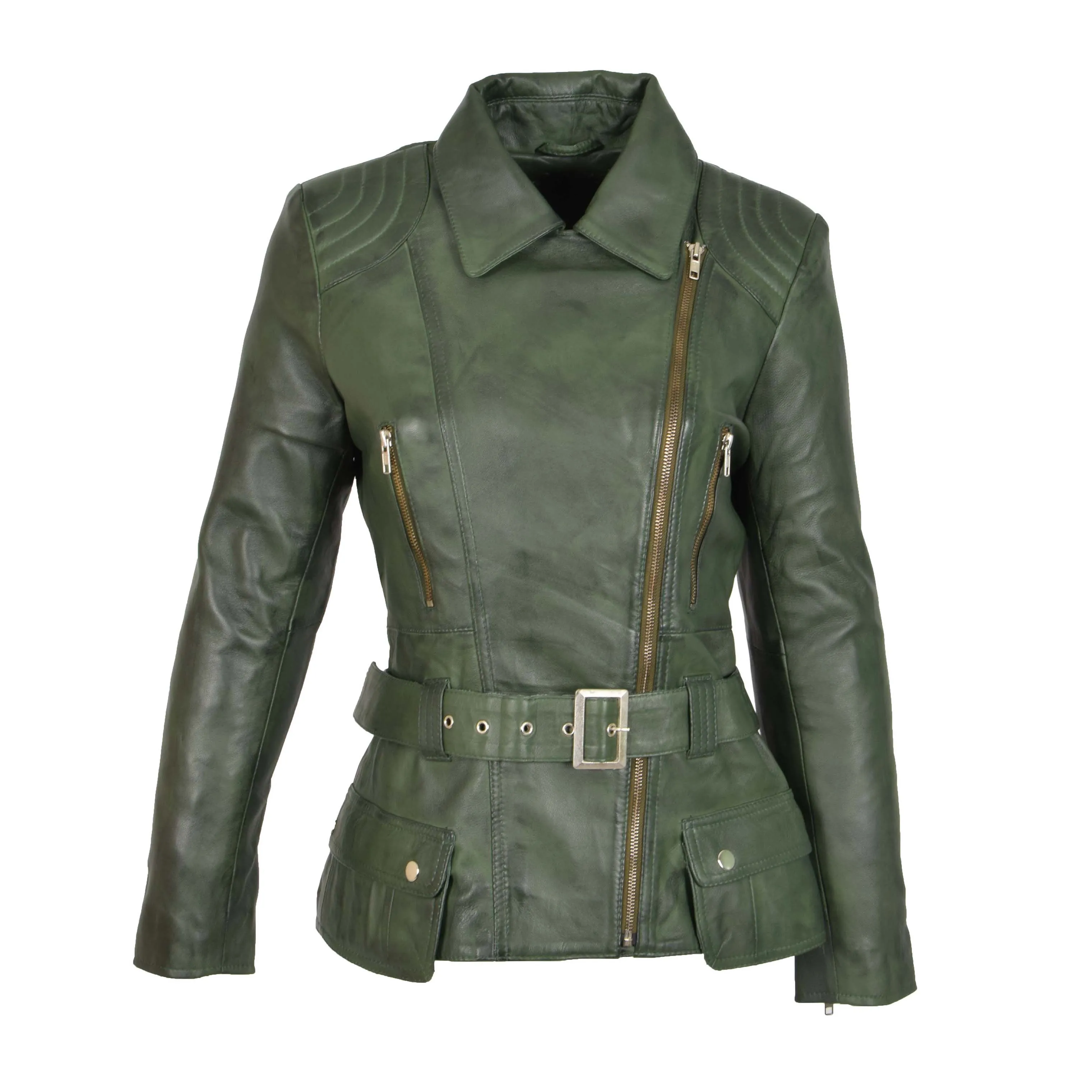 Womens Biker Leather Jacket Slim Fit Cut Hip Length Coat Coco Green