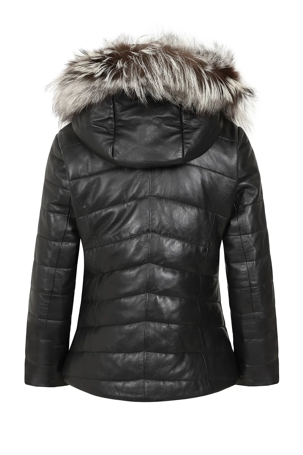 Women's Warm Quilted Genuine Black Leather Coat With Fur Hood - 'AMBER-AKTUS'