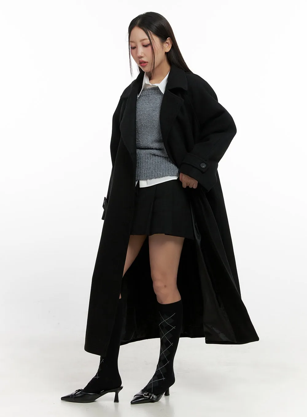 Wool Blend Long Sleeve Trench Coat CN415