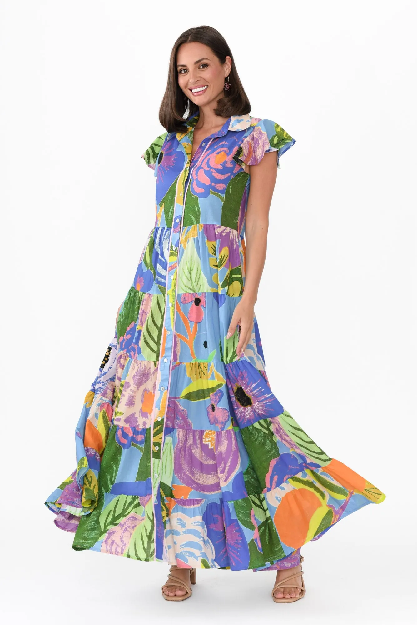 Zani Blue Tropical Cotton Maxi Dress