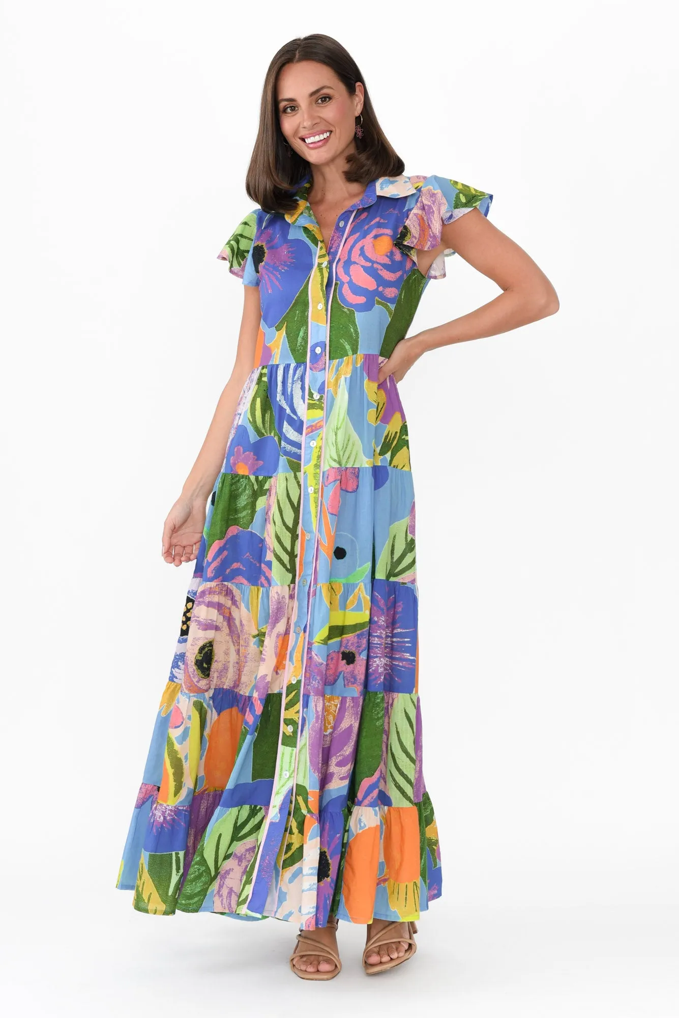 Zani Blue Tropical Cotton Maxi Dress