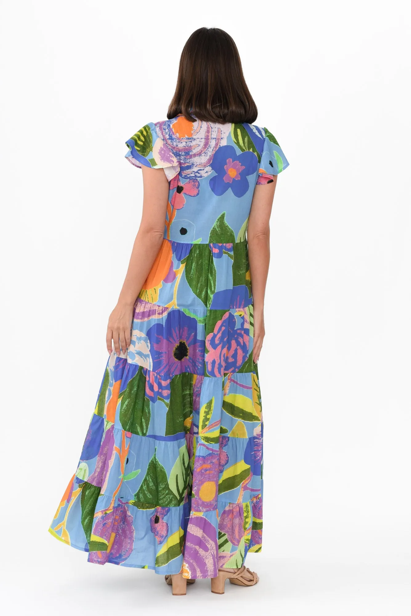 Zani Blue Tropical Cotton Maxi Dress